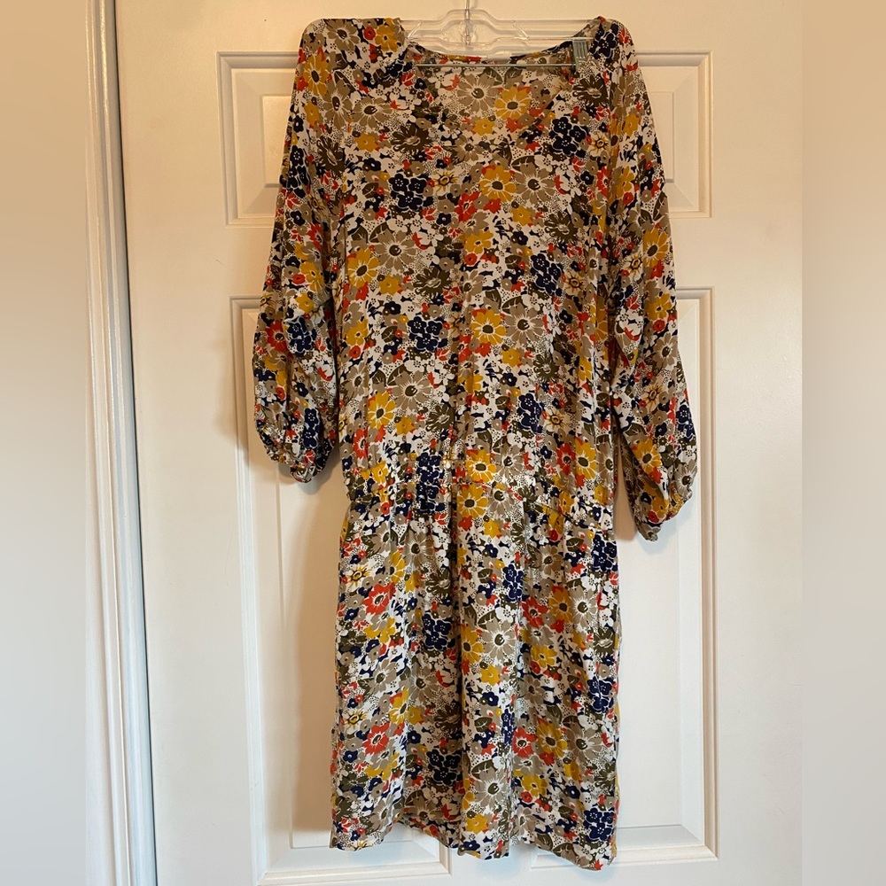 QMack xs Flower pocketed Dress - v-neck blouson mid arm sleeve lined dress